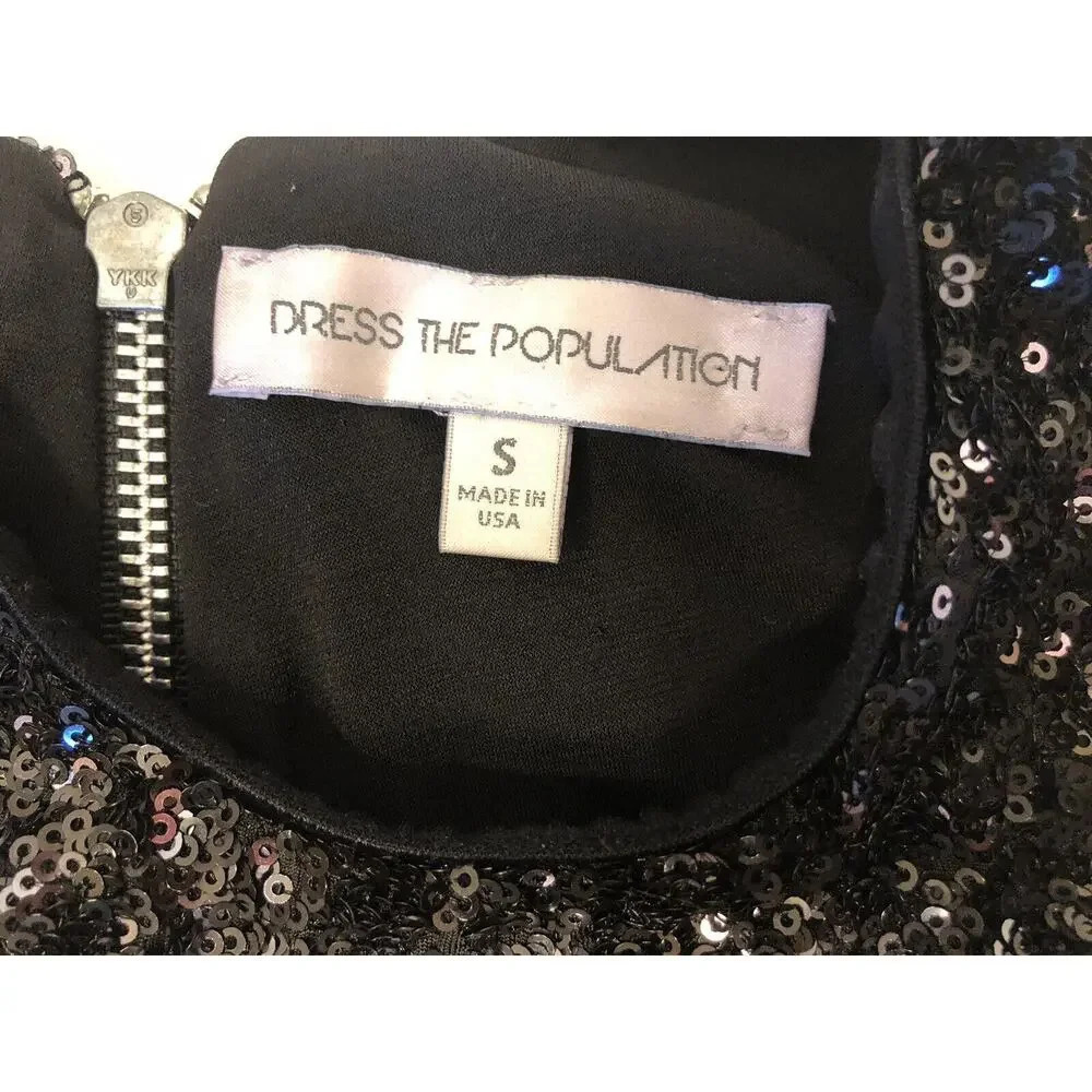 Dress the Population Black Sequined Cocktail Dress Exposed Back Zipper Size S - Picture 4 of 8